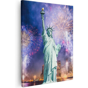 Artaza Canvas Schilderij Vrijheidsbeeld In New York Met Vuurwerk - 80x100 - Groot - Foto Op Canvas - Canvas Print