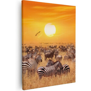Artaza - Canvas Schilderij - Kudde Zebra's Bij Een Oranje Zonsondergang - 40x50 - Foto Op Canvas - Canvas Print