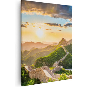 Artaza - Canvas Schilderij - De Chinese Muur door de Bergen met Zon - 80x100 - Groot - Foto Op Canvas - Canvas Print