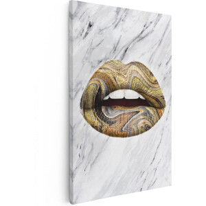 Artaza Canvas Schilderij Abstract Gouden Lippen - 40x60 cm - Wanddecoratie Slaapkamer - Poster Schilderijen - Muurdecoratie
