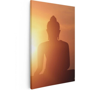 Artaza Canvas Schilderij Silhouet Van Een Boeddha Beeld Met Zonsondergang - 20x30 cm - Klein - Wanddecoratie Woonkamer - Schilderijen - Muurdecoratie