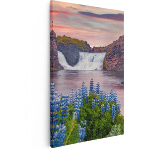 Artaza Canvas Schilderij Waterval Met Blauwe Lupine Bloemen - 40x60 - Foto Op Canvas - Canvas Print