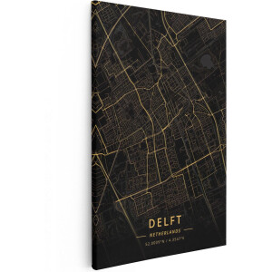 Artaza Canvas Schilderij Stadskaart Delft in het Goud en Zwart - 40x60 - Poster Foto op Canvas - Canvas Print