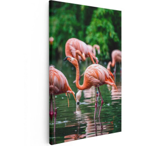 Artaza Canvas Schilderij Kudde Flamingo's in de Jungle in het Water - 80x120 - Groot - Foto Op Canvas - Canvas Print