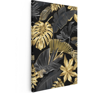 Artaza Canvas Schilderij Botanisch Bladeren - 80x120 cm - Groot - Wanddecoratie Jungle - Muurdecoratie Botanisch - Schilderijen Op Canvas Goud Zwart