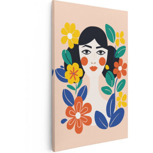 Artaza Canvas Schilderij Vrouw met Rode Wangen en Bloemen - Abstract - 20x30 - Klein - Foto Op Canvas - Canvas Print