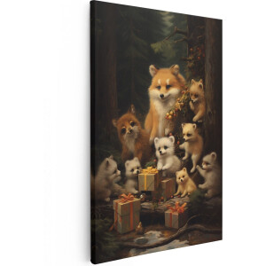 Artaza Canvas Schilderij Vossen Familie met Kerst Cadeaus - Kerstmis - 20x30 - Klein - Foto Op Canvas - Canvas Print