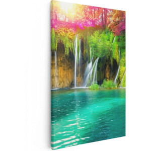 Artaza Canvas Schilderij Waterval Met Roze En Groene Bloemen - 60x90 - Foto Op Canvas - Canvas Print
