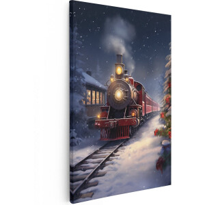 Artaza Canvas Schilderij Rode Locomotief Trein in het Winter Bos - Kerst - 60x90 cm - Wanddecoratie Woonkamer - Schilderijen - Muurdecoratie