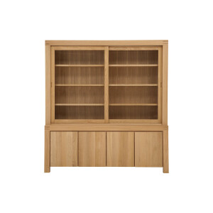 Goossens Buffetkast Clear, 2 glasdeuren boven, 4 dichte deuren onder, blank eiken, 210 x 225 x 45 cm, stijlvol landelijk