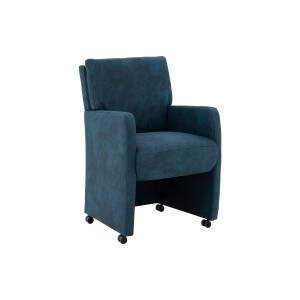 Goossens Eetkamerstoel Leen blauw microvezel met armleuning en met wielen, stijlvol landelijk