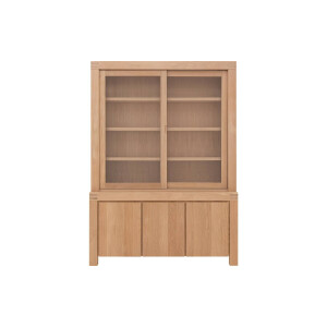 Goossens Buffetkast Clear, 2 glasdeuren boven, 3 dichte deuren onder, blank eiken, 162 x 225 x 45 cm, stijlvol landelijk