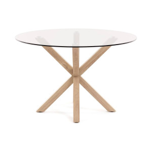 Kave Home Kave Home Eettafel Argo, Full argo ronde glazen tafel en stalen poten met houteffect afwerking Ø 119 cm