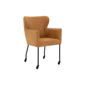 Goossens Excellent Eetkamerstoel Leogang cognac leer met armleuning en Zwart skater wiel met zwarte kapmet wielen, elegant chic