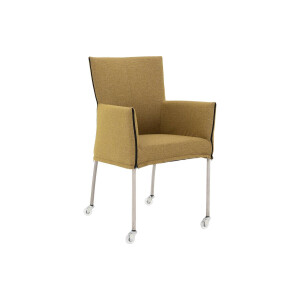 Goossens Eetkamerstoel Funk RVS Poten groen stof met armleuning en Transparant skater wiel met rvs kapmet wielen, modern design