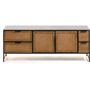 Kave Home Kave Home Kyoko, Kyoko tv-meubel in massief dennenhout, riet en zwart gelakt staal 150 x 55 cm