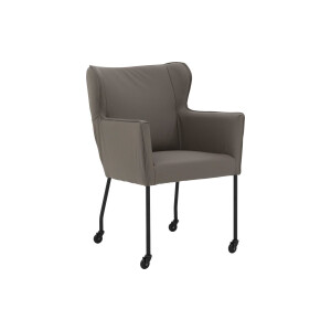 Goossens Excellent Eetkamerstoel Leogang grijs leer met armleuning en Zwart skater wiel met zwarte kapmet wielen, elegant chic