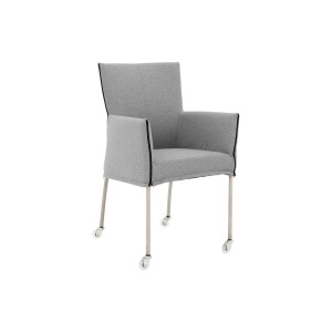 Goossens Eetkamerstoel Funk RVS Poten grijs stof met armleuning en Transparant skater wiel met rvs kapmet wielen, modern design