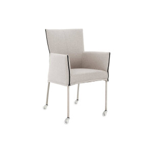 Goossens Eetkamerstoel Funk RVS Poten lichtgrijs stof met armleuning en Transparant skater wiel met rvs kapmet wielen, modern design