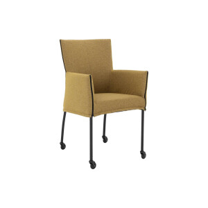 Goossens Eetkamerstoel Funk Zwarte Poten groen stof met armleuning en Zwart skater wiel met zwarte kapmet wielen, modern design