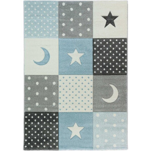 Karpet24 Pastel kids – Zacht Kinderkamer Vloerkleed met Sterren en Manen in Blauw-Grijs -80 x 150 cm