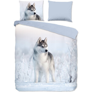 Good Morning dekbedovertrek husky hond - Lits jumeaux 240x200/220 cm - Blauw - 100% Katoen renforce