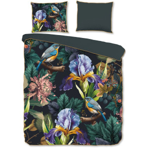 Descanso Dekbedovertrek "bloemen en vogels" - Antraciet - (200x200/220 cm) - Katoen Satijn