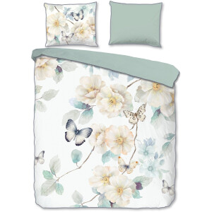Descanso dekbedovertrek bloemen en vlinders - 2 persoons 200x200/220 cm - Wit - 100% Katoen satijn