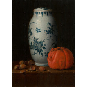 IXXI Stilleven met Chinese dekselpot, hazelnoten en sinaasappel, Simon Luttichuys & Mauritshuis - 100 x 140 cm - Gratis ophangtool - Grote