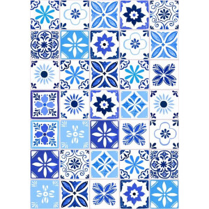 IXXI Blue Mediterranean Tiles Collage Box, Karen Menzenbach - 100 x 140 cm - Gratis ophangtool - Grote wanddecoratie en posters - Illustraties