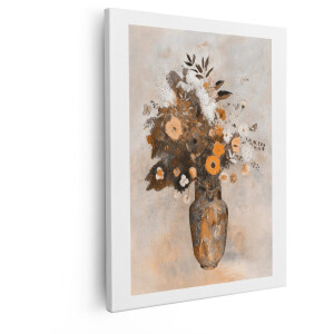 Artaza Canvas Schilderij Boeket Oranje en Witte Bloemen in een Antieke Vaas - Schilderachtige Stijl - 40x50 cm - Wanddecoratie Woonkamer - Schilderijen - Muurdecoratie
