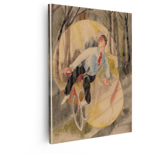 Artaza Canvas Schilderij Man op Fiets in Bosrijke Omgeving - Aquarel van Manuel Agel - 80x100 cm - Groot - Wanddecoratie Woonkamer - Schilderijen - Muurdecoratie