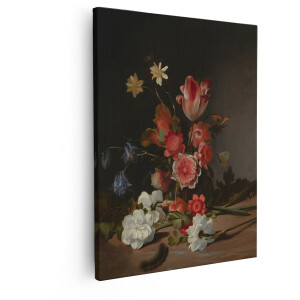 Artaza Canvas Schilderij Bloemen Stilleven - 40x50 cm - Wanddecoratie Oude Meesters - Muurdecoratie Tulpen En Rozen - Decoratie Vlinders