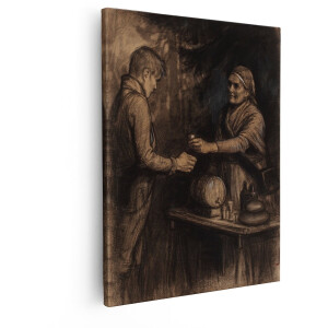 Artaza Canvas Schilderij Vrouw Schenkt Drank aan Man in Donkere Kroeg - Historische Sfeer - 80x100 cm - Groot - Wanddecoratie Woonkamer - Schilderijen - Muurdecoratie