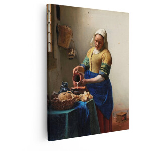 Artaza Canvas Schilderij De Melkmeid van Vermeer: een Vrouw Schenkt Melk in een Keuken - 80x100 cm - Groot - Wanddecoratie Woonkamer - Schilderijen - Muurdecoratie