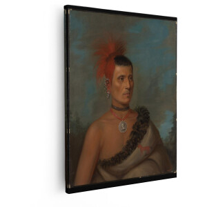 Artaza Canvas Schilderij Portret van een Shawnee-Krijger met Rode Kuif en Medaillon - 80x100 cm - Groot - Wanddecoratie Woonkamer - Schilderijen - Muurdecoratie
