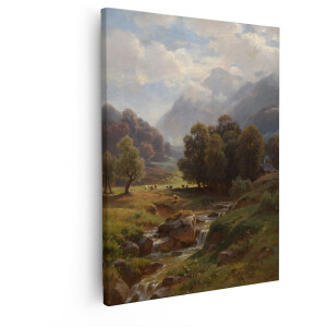 Artaza Canvas Schilderij Berglandschap - 80x100 cm - Wanddecoratie Natuur - Muurdecoratie Koeien - Decoratie Woonkamer - Schilderijen Op Canvas