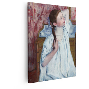Artaza Canvas Schilderij Meisje met Bruin haar Kamt haar Staart in een Witte Jurk - Impressionistische Stijl - 80x100 cm - Groot - Wanddecoratie Woonkamer - Schilderijen - Muurdecoratie