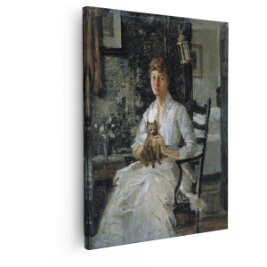 Artaza Canvas Schilderij Vrouw Met Hondje - 40x50 cm - Wanddecoratie Vintage Portret - Muurdecoratie Vrouw - Decoratie Woonkamer - Wit