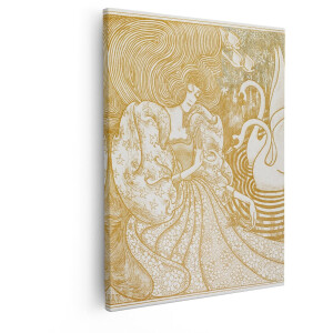 Artaza Canvas Schilderij Art Nouveau Vrouw met Zwanen en Bloemen in Gouden Lijntekening - 80x100 cm - Groot - Wanddecoratie Woonkamer - Schilderijen - Muurdecoratie