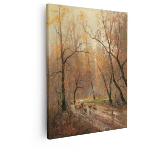 Artaza Canvas Schilderij Herfstlandschap - 80x100 cm - Wanddecoratie Bos - Muurdecoratie Schaapskudde - Decoratie Herder - Goud