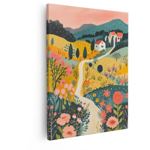 Artaza Canvas Schilderij Schilderachtig Italiaans Platteland met Bloeiende Bloemen en Boerderijen - 40x50 cm - Wanddecoratie Woonkamer - Schilderijen - Muurdecoratie