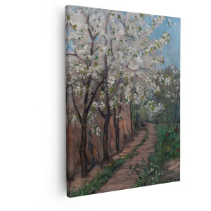 Artaza Canvas Schilderij Schilderij van Bloeiende Fruitbomen langs een Landweg in de Lente - 40x50 cm - Wanddecoratie Woonkamer - Schilderijen - Muurdecoratie