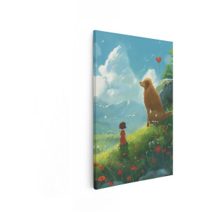 Artaza Canvas Schilderij Meisje Met Hond - 40x60 cm - Wanddecoratie Kinderkamer - Muurdecoratie Landschap - Decoratie Klaprozen