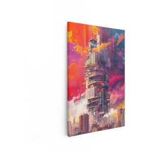 Artaza Canvas Schilderij Futuristische Wolkenkrabber - 80x120 cm - Wanddecoratie Zonsondergang - Muurdecoratie Skyline - Decoratie Stad