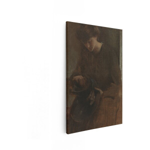 Artaza Canvas Schilderij Vrouw met Donkere Kleding Buigt zich over een Object in haar Handen - 20x30 cm - Klein - Wanddecoratie Woonkamer - Schilderijen - Muurdecoratie