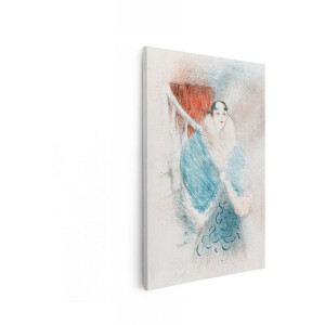 Artaza Canvas Schilderij Elegante Vrouw in een Blauw Bont Afgezet Jasje - Vintage Mode-Illustratie - 80x120 cm - Groot - Wanddecoratie Woonkamer - Schilderijen - Muurdecoratie