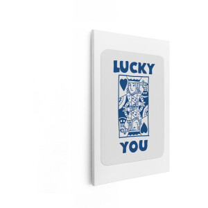 Artaza Canvas Schilderij Lucky You - 80x120 cm - Wanddecoratie Speelkaart Harten Koning - Muurdecoratie Retro - Schilderij Tekst Blauw