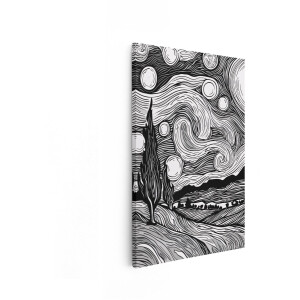 Artaza Canvas Schilderij Sterrennacht Landschap met Cipressen en Glooiende Velden in Zwart-Wit - 20x30 cm - Klein - Wanddecoratie Woonkamer - Schilderijen - Muurdecoratie