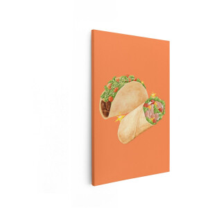 Artaza Canvas Schilderij Twee Heerlijke Mexicaanse Gerechten - Taco en Burrito - op een Levendige Oranje Achtergrond - 40x60 cm - Wanddecoratie Woonkamer - Schilderijen - Muurdecoratie
